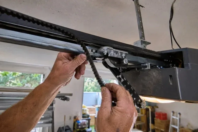 Hands holding a loose toothed belt beside the rail and trolley of an overhead garage-door opener. — Belt-Drive Opener Repair, Brant