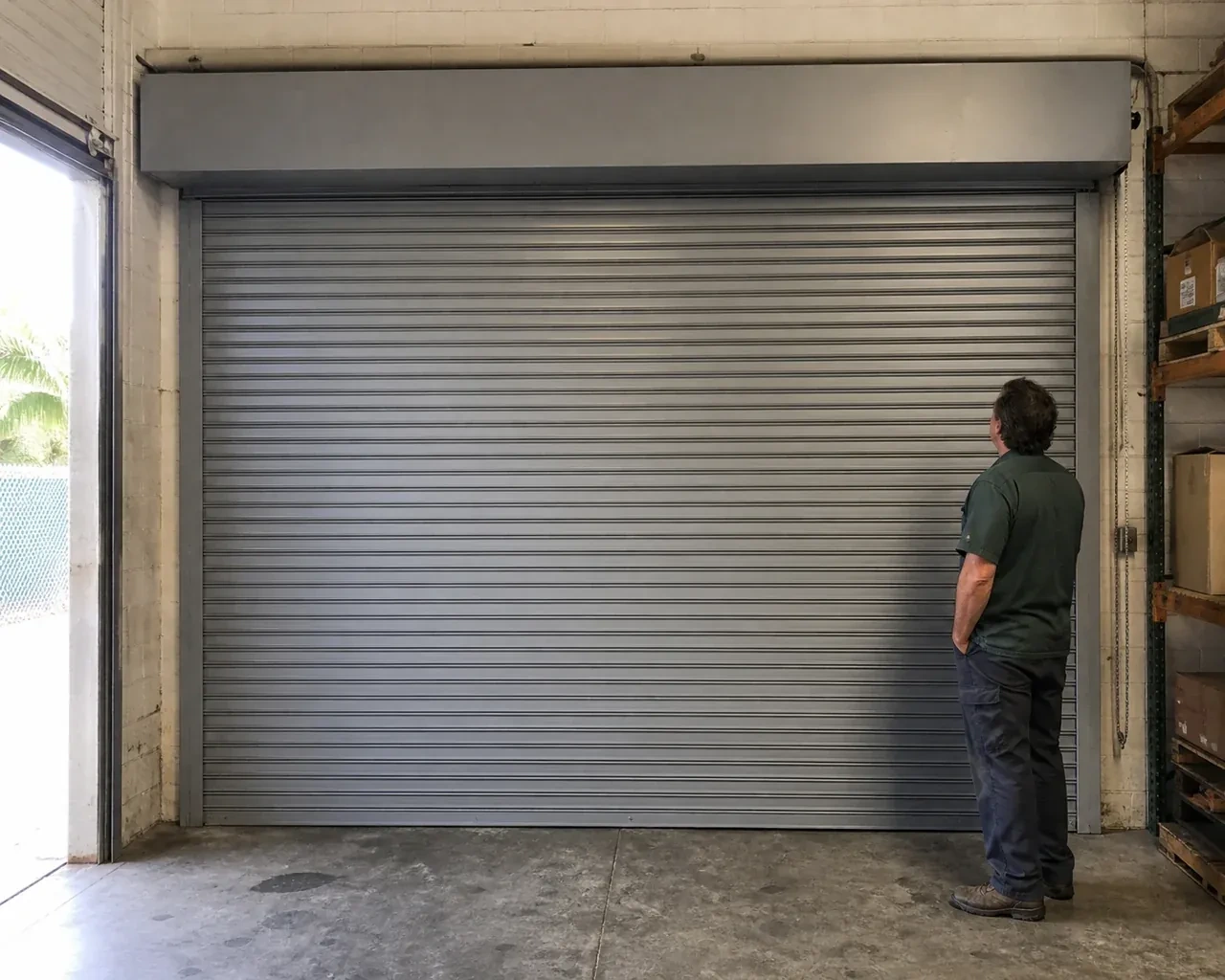 A person examines a closed metal rolling door with narrow horizontal slats, side guides and an overhead hood in a warehouse. — Commercial Rolling Door Repair, Brant