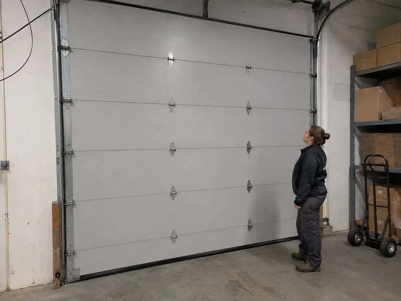 A person looks at a tall closed sectional door with broad panels, hinges and side tracks in a warehouse. — Commercial Sectional Door Repair, Brant