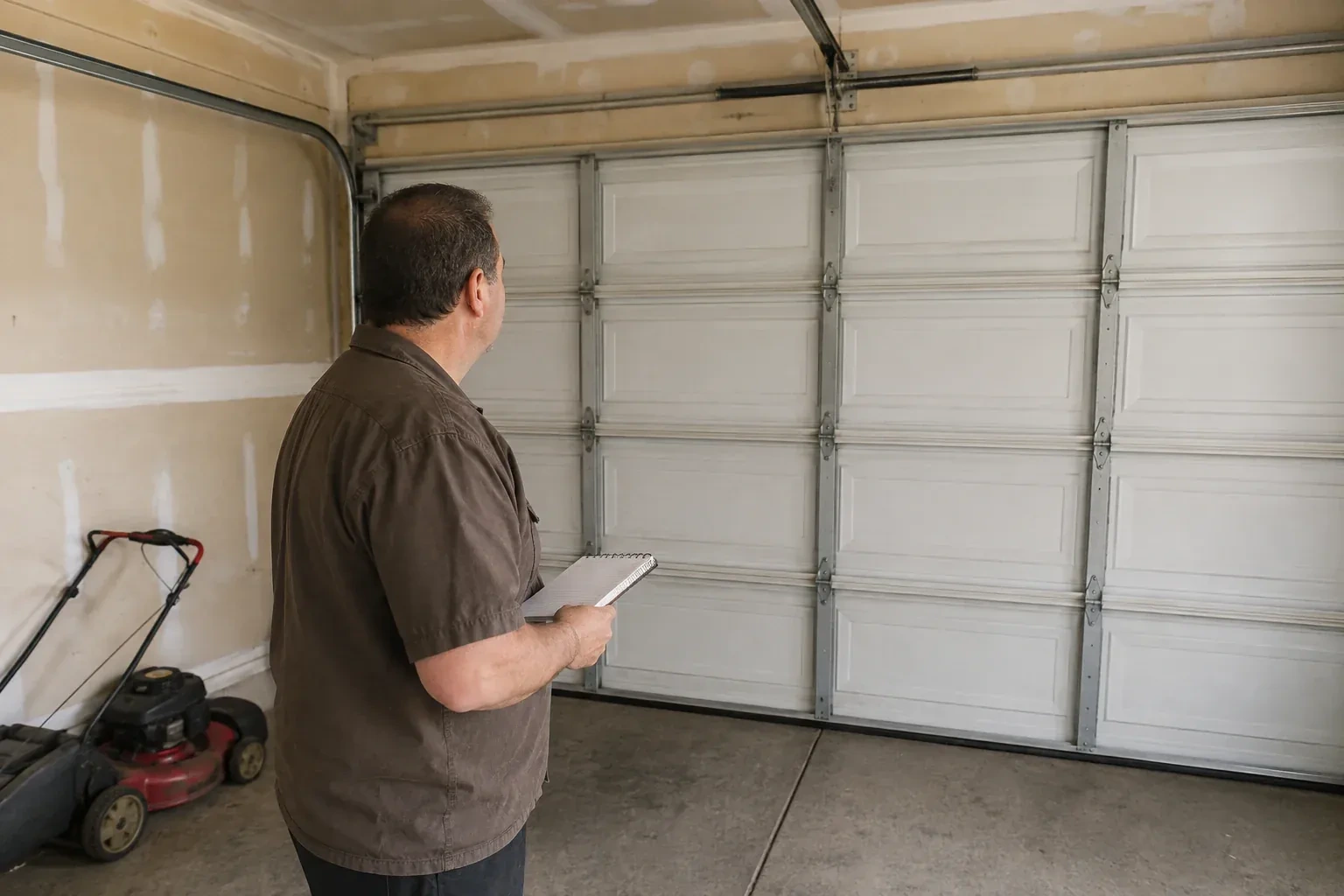 Technician holding a notebook while looking at a closed sectional door. — Garage Door Balance Adjustment, Brant