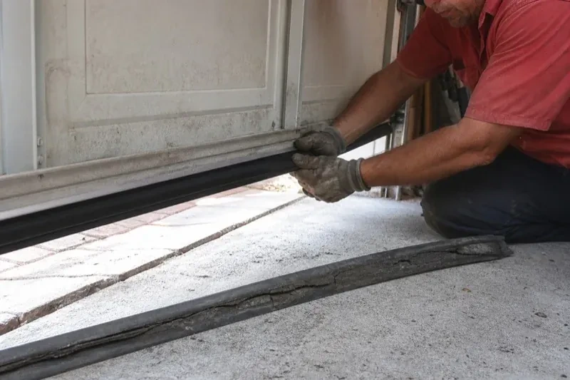 Person fitting a black strip along the bottom edge of a partly raised garage door, with a cracked strip lying on the floor. — Garage Door Bottom Seal Replacement, Brant