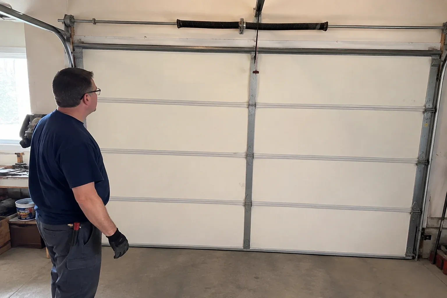Illustrative garage doors scene; not an actual job — Off-Track Garage Door Reset, Brant