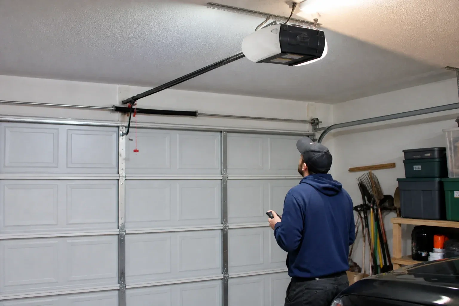 A person holding a remote looks toward an overhead garage-door opener and rail. — Garage Door Opener Diagnosis and Repair, Brant