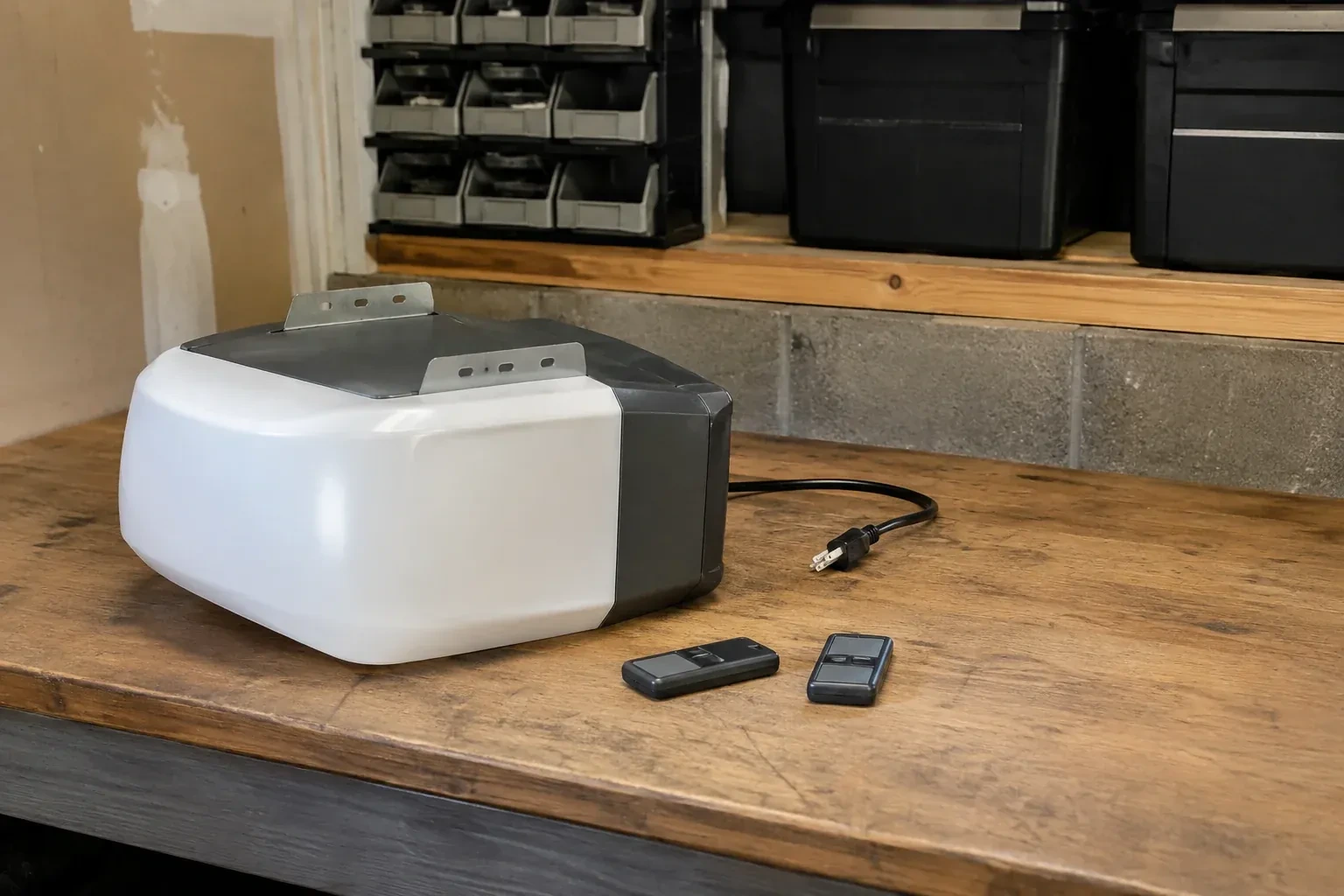 Detached opener housing and two remotes on a garage bench. — Garage Door Opener Replacement, Brant