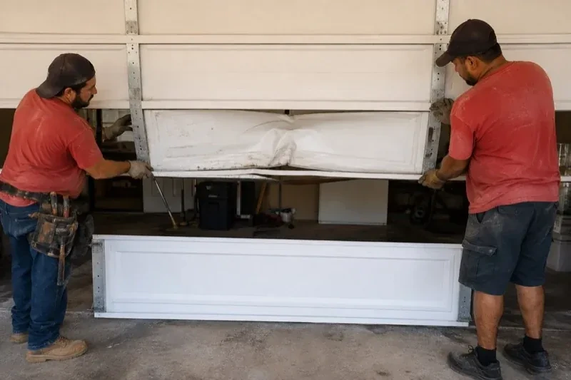 Two people holding a dented lower garage-door section above a separate white panel resting on the ground. — Garage Door Panel Replacement, Brant