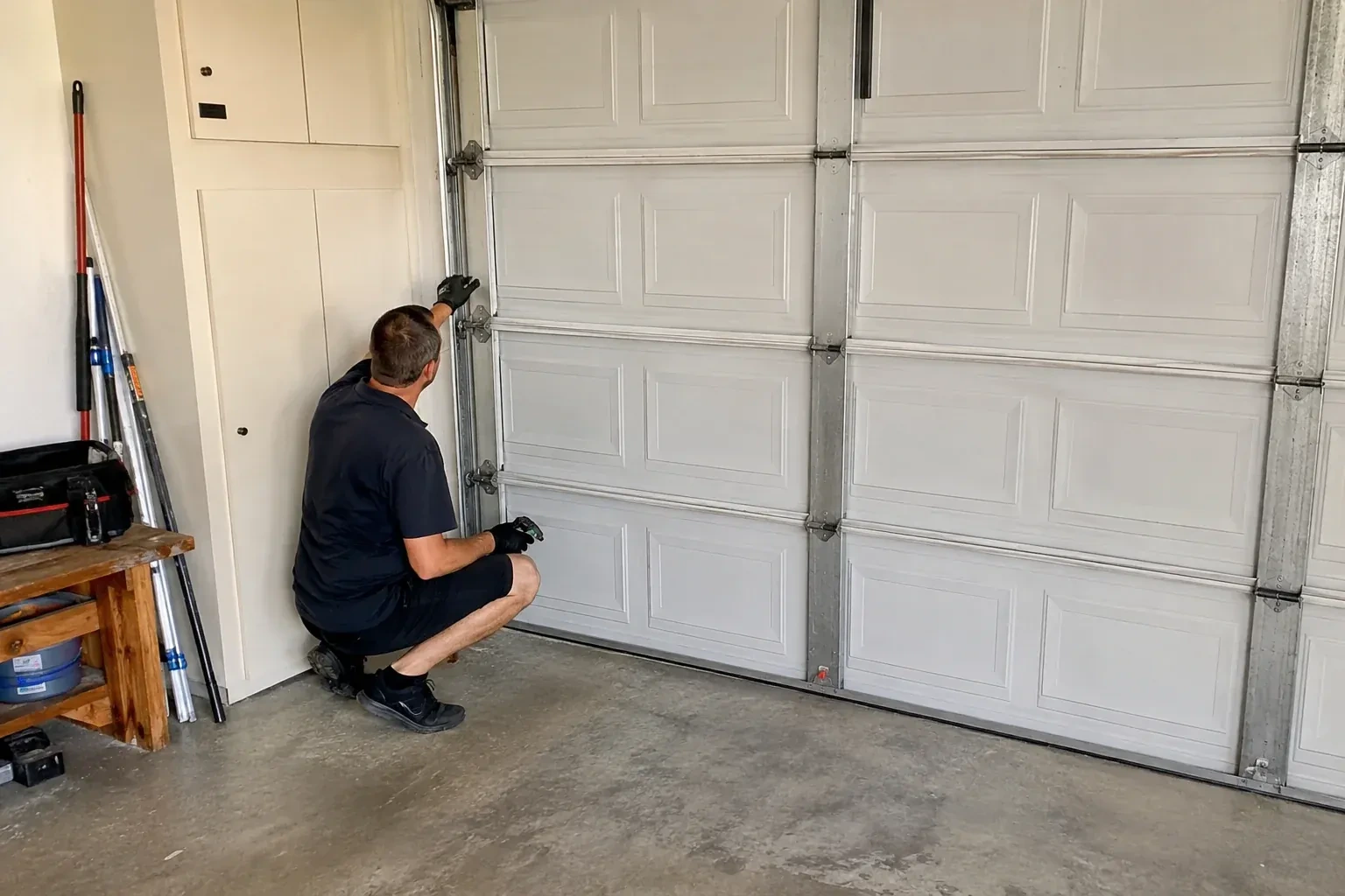 A person kneels beside the side track and hinges of a closed sectional garage door. — Garage Door Safety Inspection, Brant