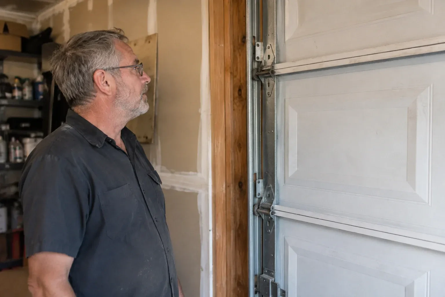 Technician looking at vertical garage door track and edge hinges. — Garage Door Track Repair or Replacement, Brant