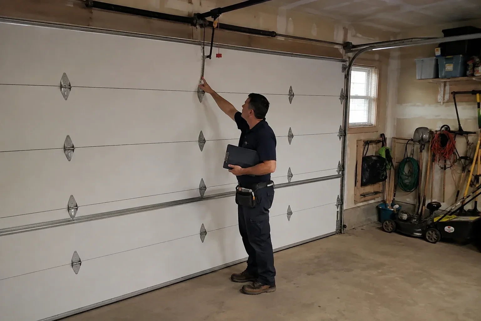 A person holding a clipboard examines the interior hardware of a closed garage door. — Garage Door Tune-Up, Brant