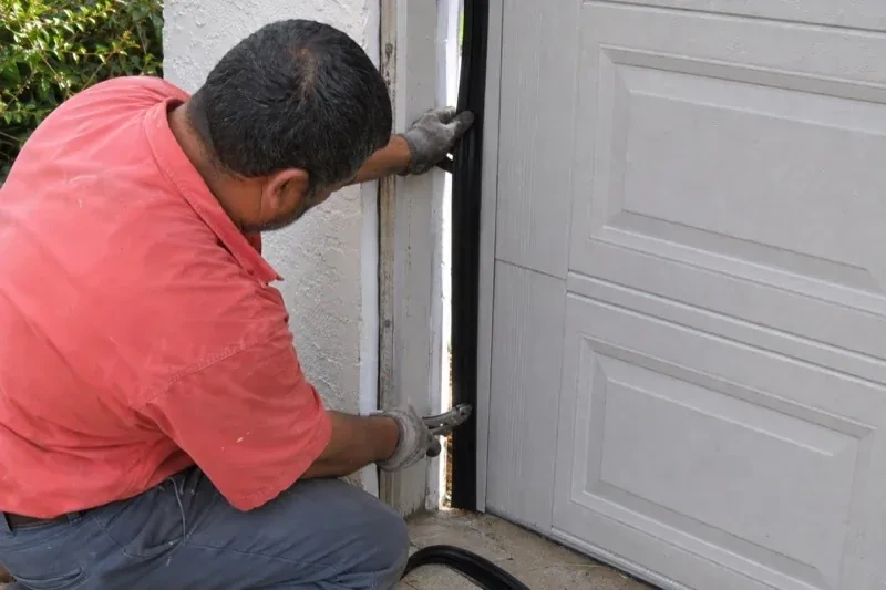 Gloved person holding a black strip along the side of a sectional garage-door opening — Garage Door Perimeter Weatherstrip, Brant