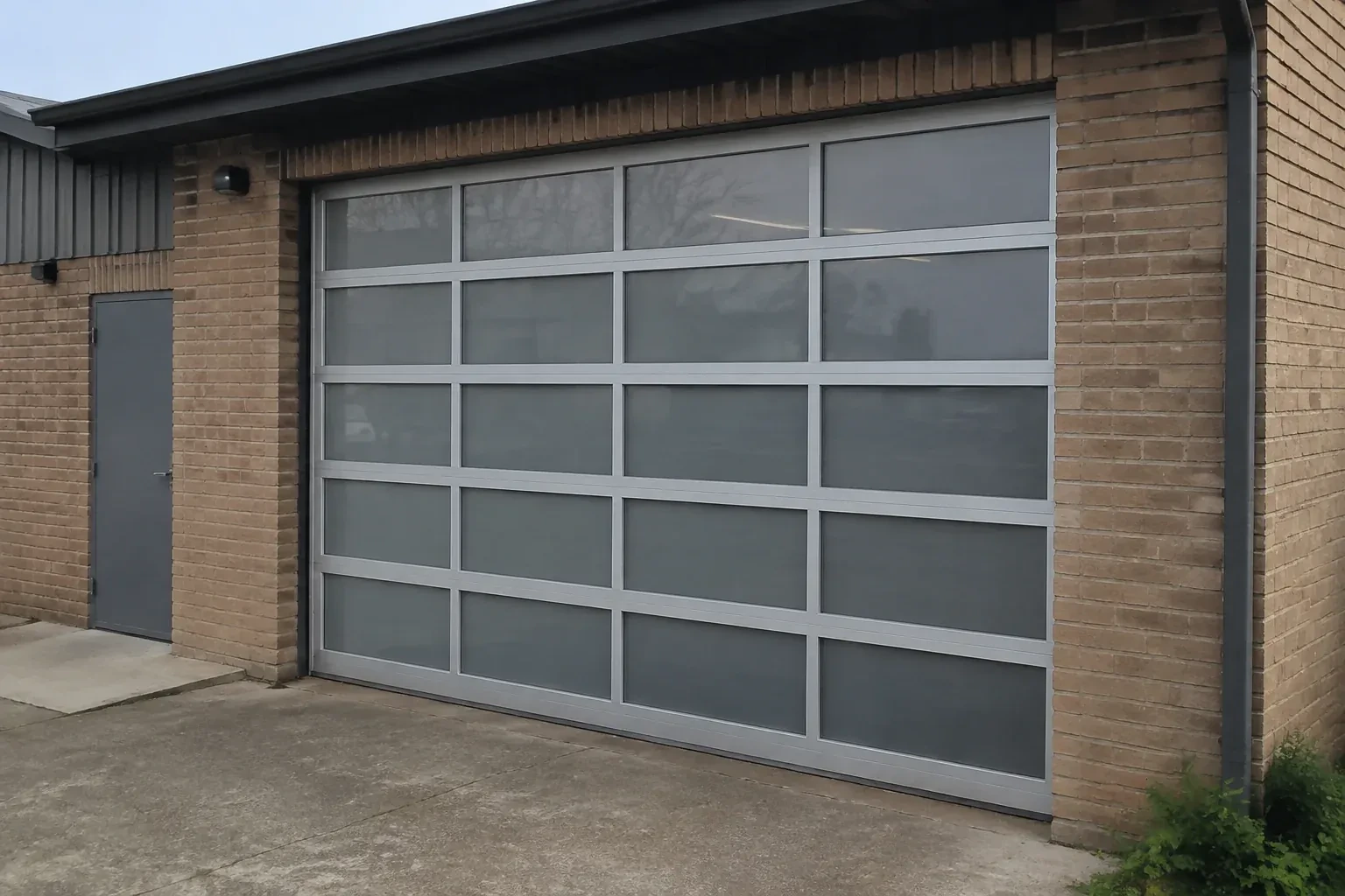 Closed glazed sectional door in a grey metal frame at a brick workshop. — Full-View Glass Garage Door Installation, Brant