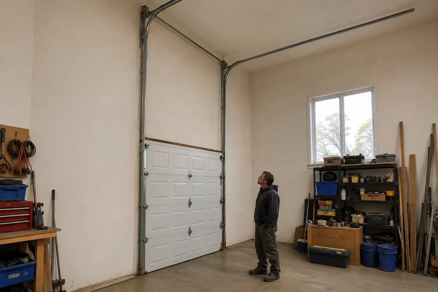 Vertical tracks extend above a closed garage door before curving near a high ceiling, while a person looks upward. — High-Lift Garage Door Conversion, Brant