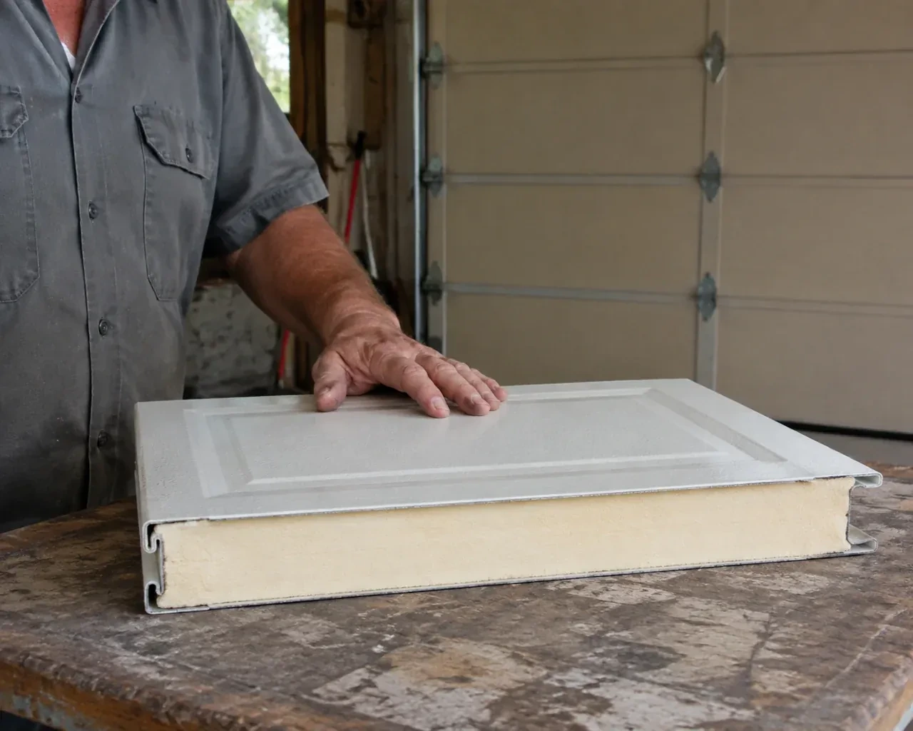 A panel sample exposes a cream foam core between thin metal faces on a garage workbench. — Insulated Steel Garage Door Installation, Brant
