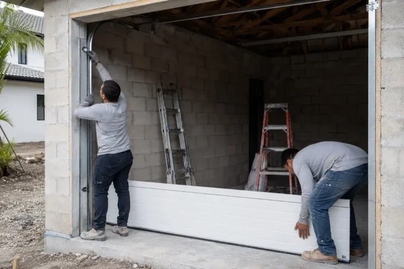 Two people positioning a white garage-door panel and side track in an unfinished masonry garage. — New-Construction Garage Door Installation, Brant