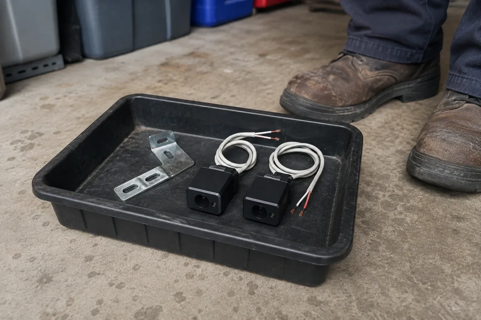 Two detached black sensors with recessed lenses and coiled wires lie in a tray beside a mounting bracket. — Photo-Eye Sensor Alignment or Replacement, Brant