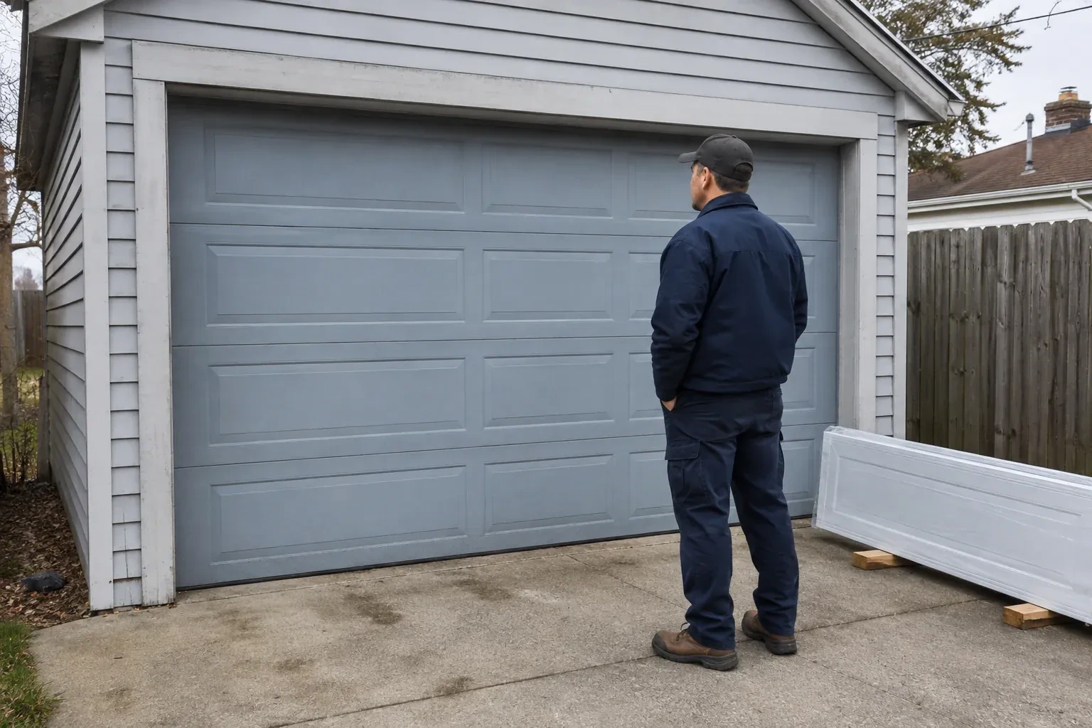 A person examines a blue-grey sectional garage door with a packaged door panel resting beside the driveway. — Sectional Garage Door Replacement, Brant